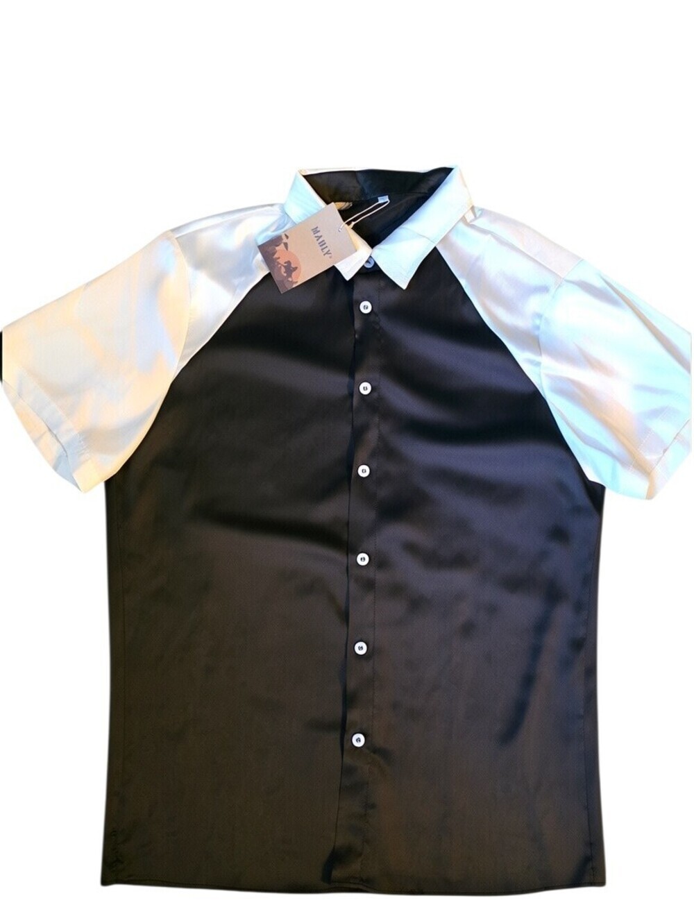 NWT MANLY Color Block Bowling Shirt Large Black White Button Up Retro Shirt - Picture 2 of 10